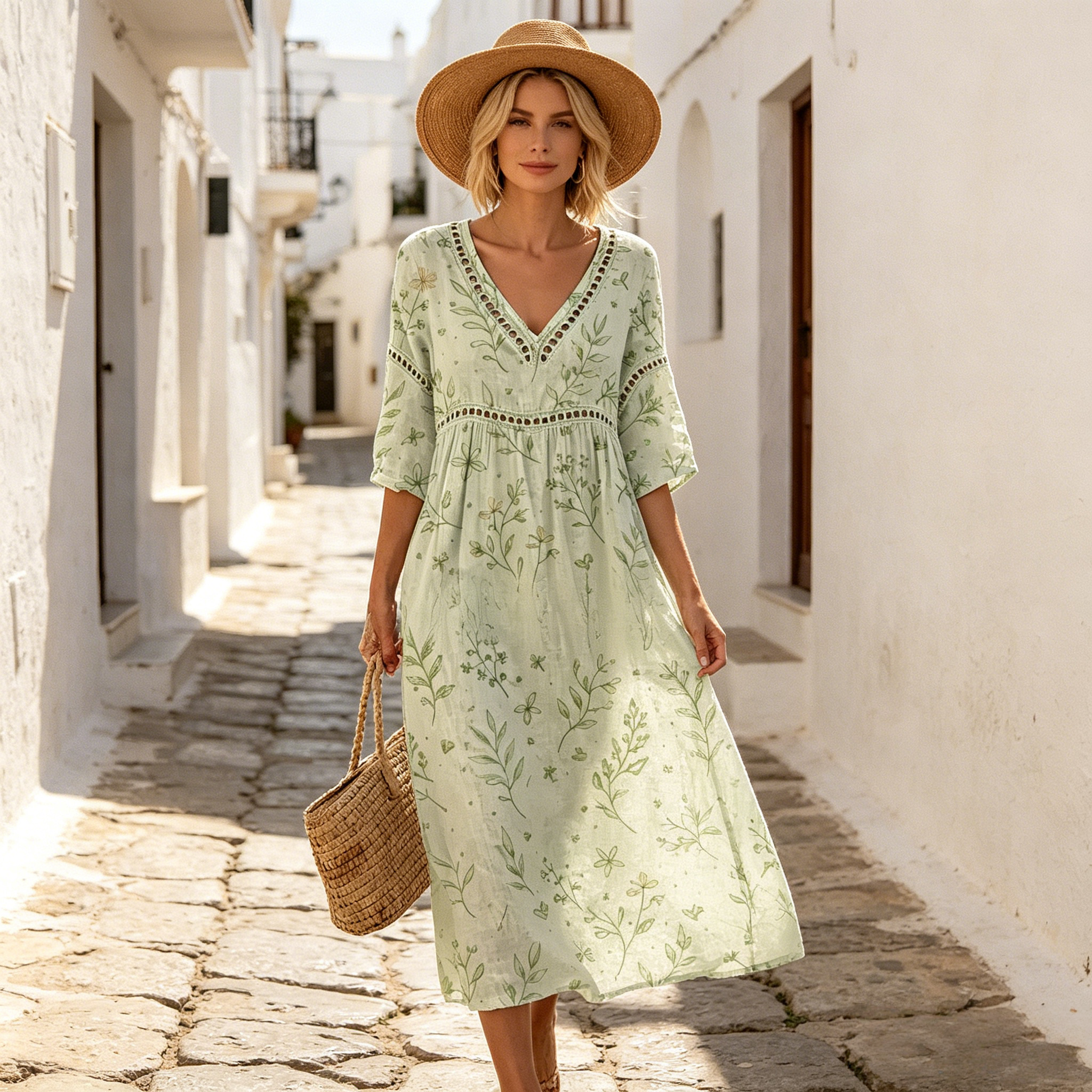 👗【S-3XL】Rochie lungă de damă din bumbac și in cu imprimeu - stil de vară, decolteu în V