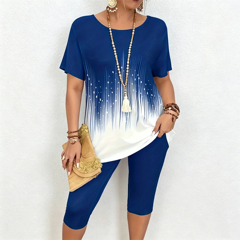 Set Casual de Damă din 2 Piese: Tricou cu Imprimeu Marmură și Pantaloni Capre – Material Moale, Respirabil și Elastic, Stil Lejer de Vară