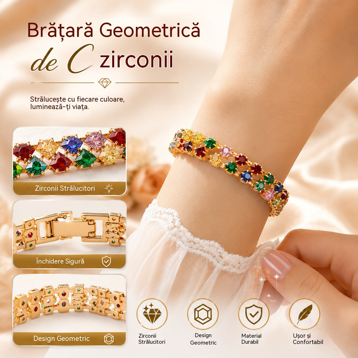 ✨Brățară cu zirconiu cubic geometric, în stil boem, colorată