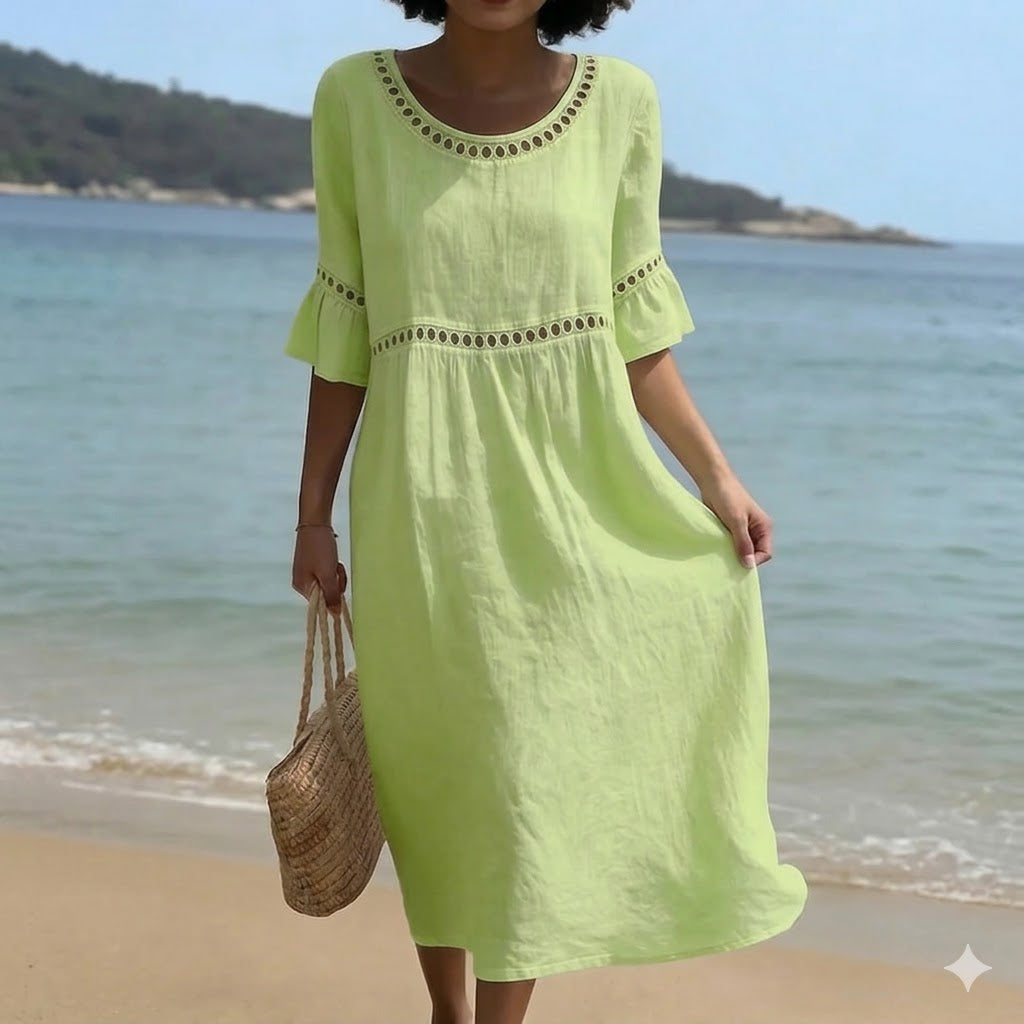 ✨【S–3XL】Rochie damă din bumbac și in, croi lejer, cu decolteu rotund și mâneci bufante, respirabilă și moale, confortabilă la purtare.