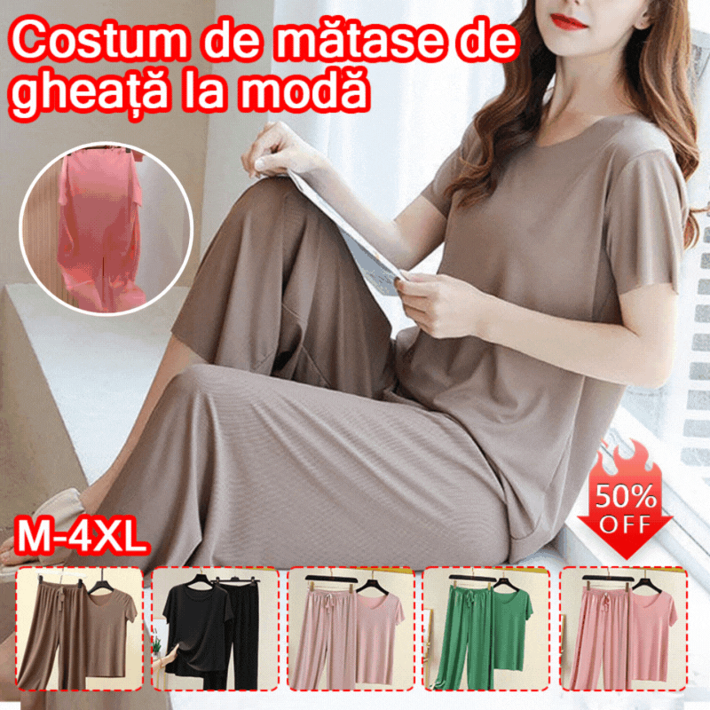 🏆【50%OFF】【M-4XL】Costum din două piese, pantaloni cu mâneci scurte noi, din mătase de gheață