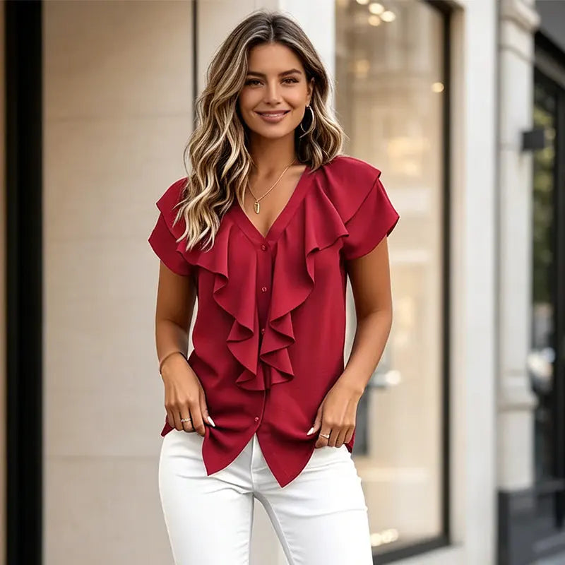Bluză Elegantă de Vară pentru Femei cu Decolteu în V – Cămașă Lejeră cu Volane și Nasturi, Material Moale, Respirabil și Răcoros