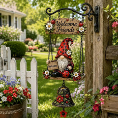 Clopoțel de Bun Venit cu Pitic de Grădină, Plăcuță „Welcome”, Clopoțel Retro din Bronz, Suport de Perete din Fier, Decorațiune Curte și Terasă