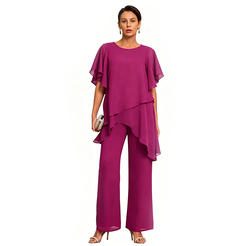 Set Elegant din Șifon: Top Asimetric cu Volane și Pantaloni Lejeri – Ținută Rafinată pentru Evenimente, S-3XL