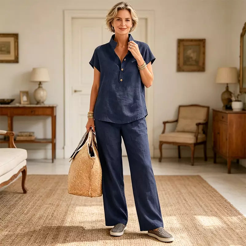 ✨Set de Damă din In și Bumbac – Bluză cu Mânecă Scurtă și Pantaloni Largi, Stil Casual Elegant de Vară