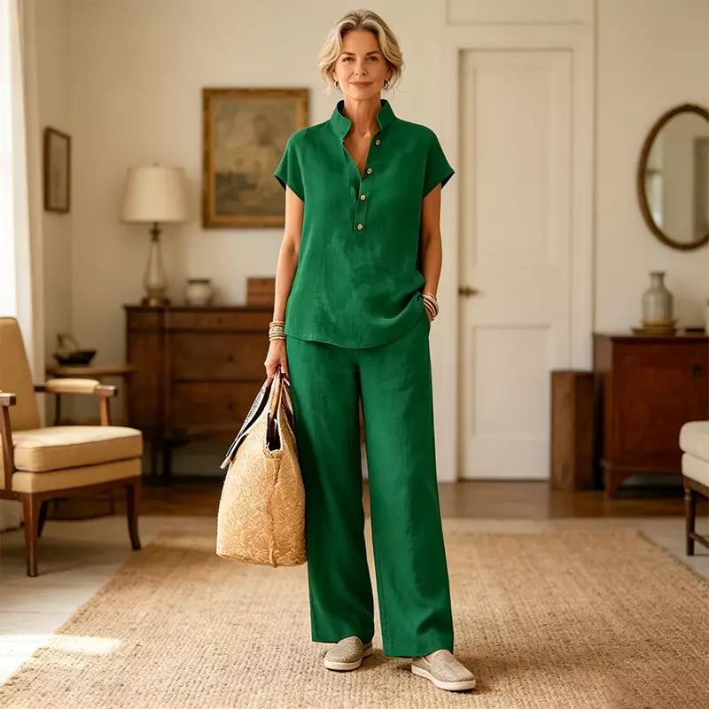 ✨Set de Damă din In și Bumbac – Bluză cu Mânecă Scurtă și Pantaloni Largi, Stil Casual Elegant de Vară