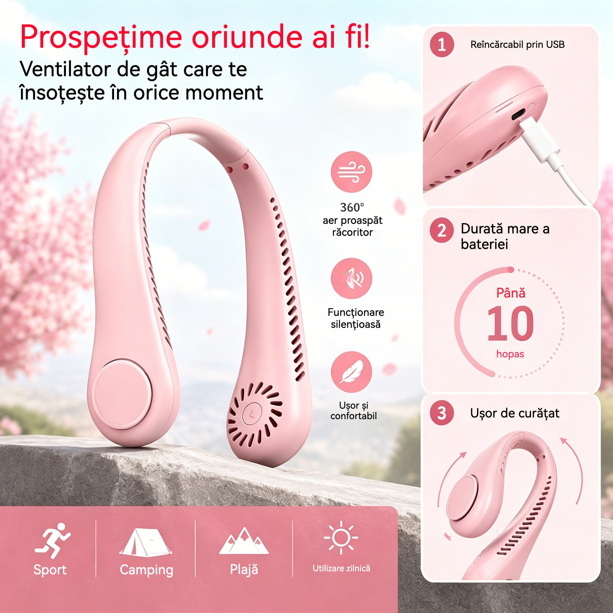 💨 Ventilator Portabil pentru Gât cu Aer Condiționat – Extrem de Silențios, Portabil și Rotativ la 360° – Ideal pentru Vară 🌞