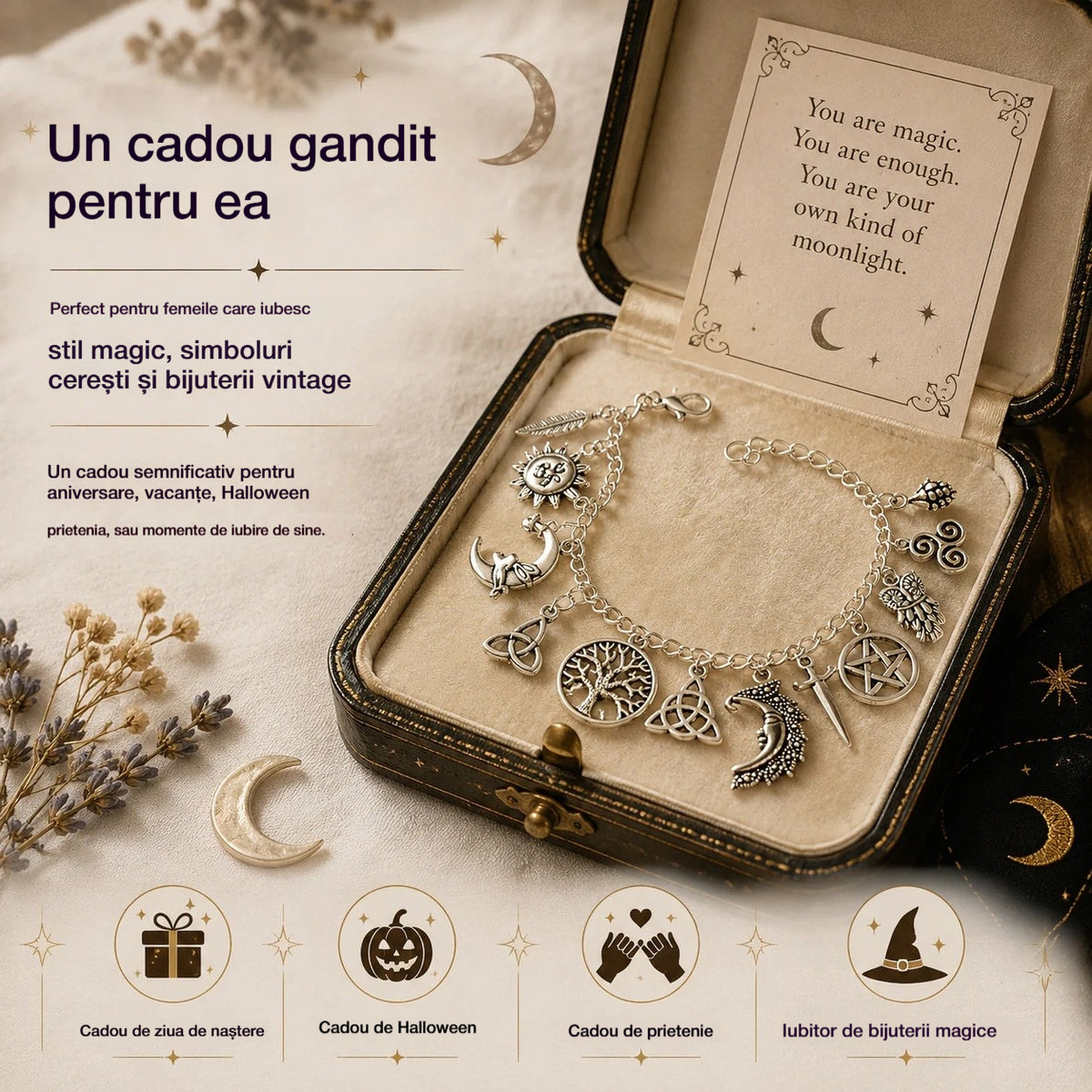 🔮✨Brățară cu pandantive vintage, aer mistic pentru femei – Bijuterii cerești, gotice și boho