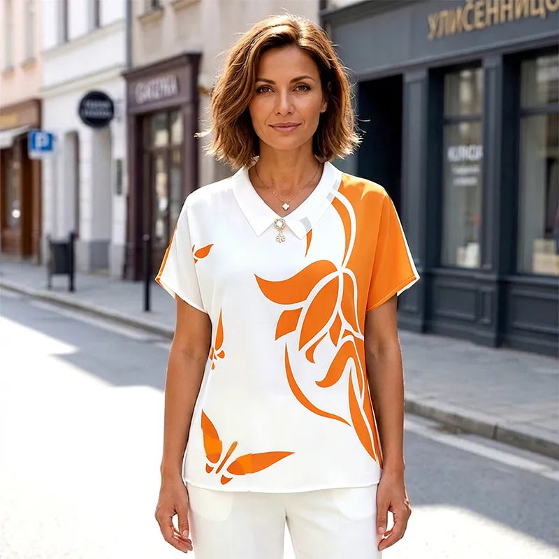 Bluză de Vară Dama Marimi Mari M-5XL: Material Din Șifon Vaporos, Imprimeu Elegant Cu Lotus, Purtare Lejeră