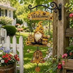 Clopoțel de Bun Venit cu Pitic de Grădină, Plăcuță „Welcome”, Clopoțel Retro din Bronz, Suport de Perete din Fier, Decorațiune Curte și Terasă