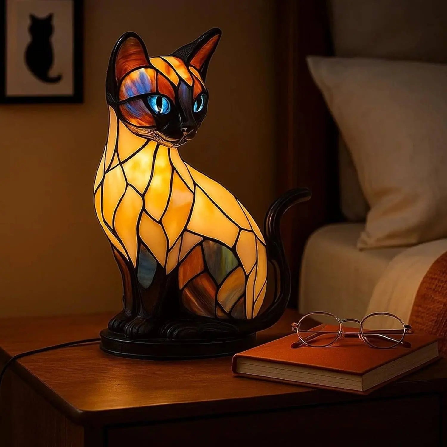✨ Lampă de masă în formă de pisică, lampă de veghe retro din rășină colorată, cu motiv felin 🐱💡✨