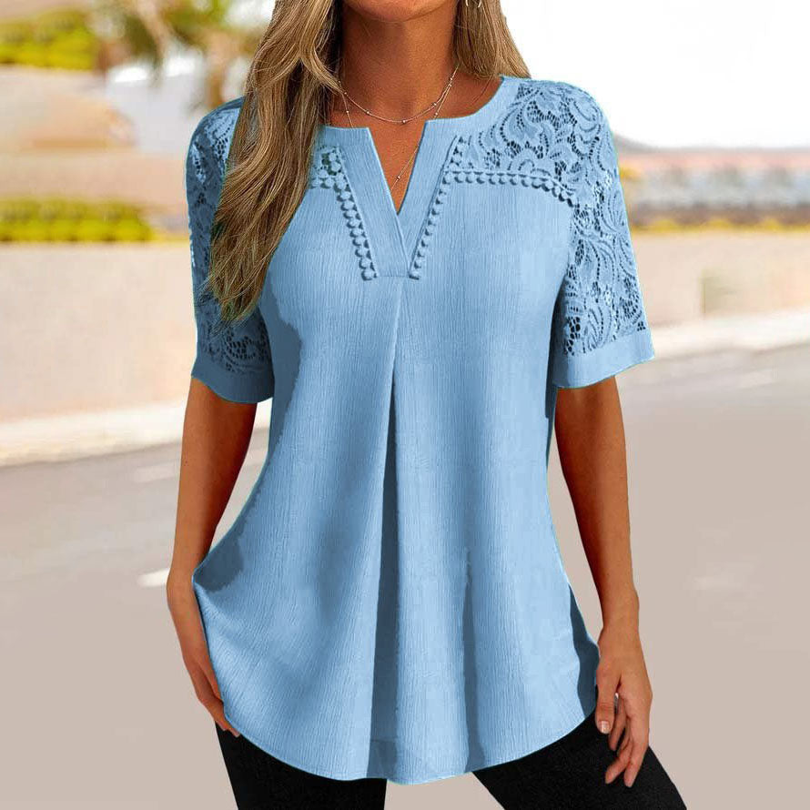 🌼 2026 nou tricou cu mânecă scurtă cu cusături din dantelă
