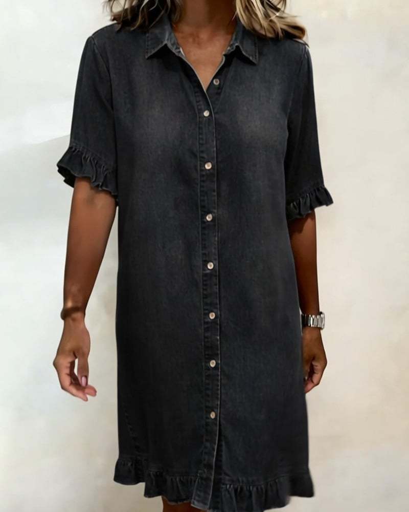 Rochie tip cămașă din denim, cu croială lejeră și volane