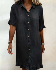 Rochie tip cămașă din denim, cu croială lejeră și volane