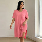 Set de Vară 2 Piese Dama Plus Size, Tricou Lung cu Crăpătură Laterală și Pantaloni Scurți, Material Moale, Elastic și Respirabil