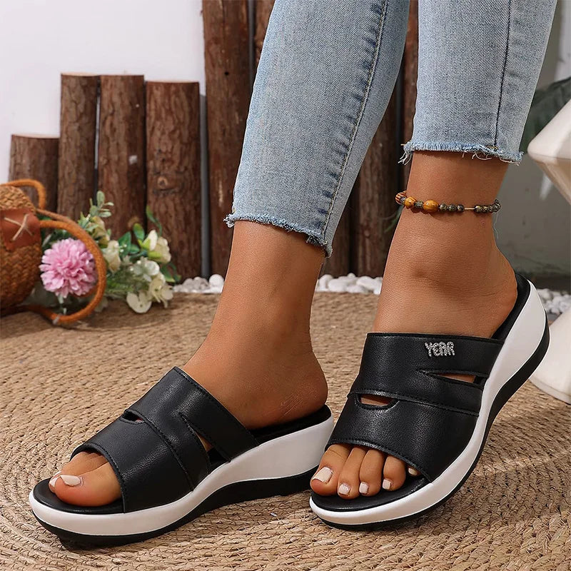 🖤Papuci eleganți din piele naturală, cu strasuri și talpă tip pană