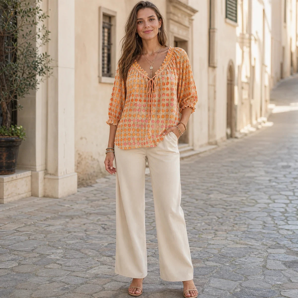Bluză de Damă în Stil Boho cu Șnur și Volane, Imprimeu cu Buline, Material Subțire, Respirabil și Moale