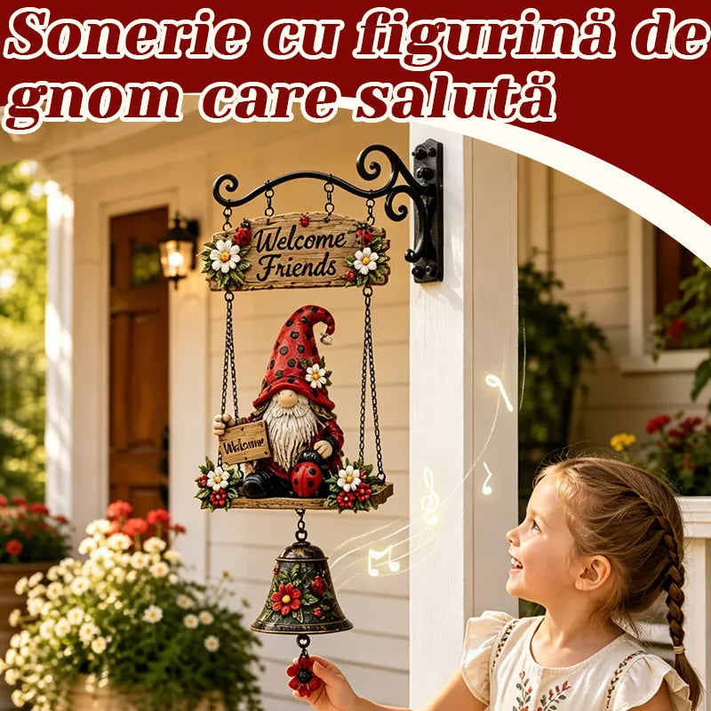 Clopoțel de Bun Venit cu Pitic de Grădină, Plăcuță „Welcome”, Clopoțel Retro din Bronz, Suport de Perete din Fier, Decorațiune Curte și Terasă