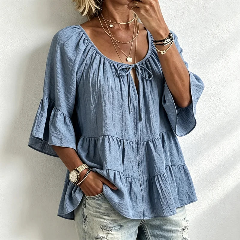 Bluză de Damă Elegantă cu Volane și Șnur la Decolteu, Mâneci Trei Sferturi Tip Clopot, Cămașă Texturată în Stil Boho-Chic, Model Peplum Lejer