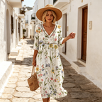 👗【S-3XL】Rochie lungă de damă din bumbac și in cu imprimeu - stil de vară, decolteu în V