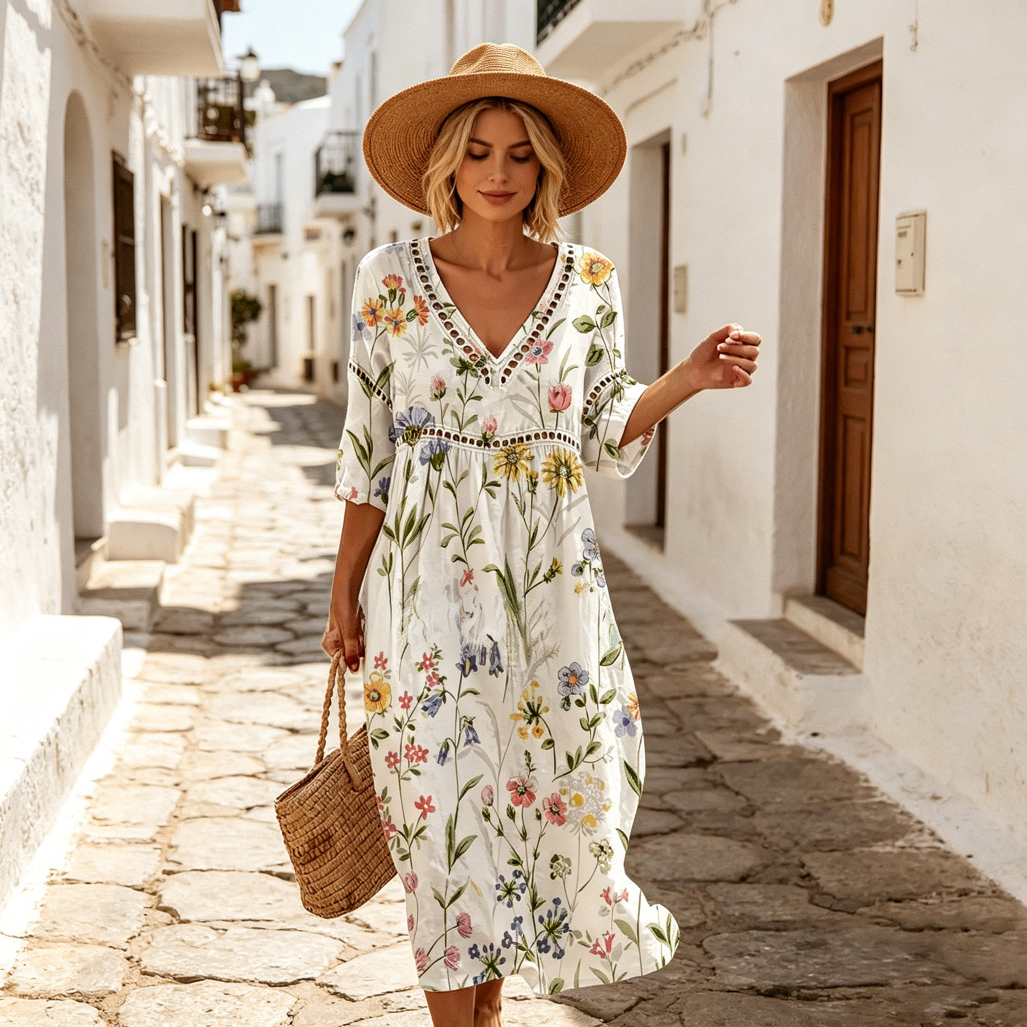 👗【S-3XL】Rochie lungă de damă din bumbac și in cu imprimeu - stil de vară, decolteu în V