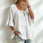 Bluză de Damă Elegantă cu Volane și Șnur la Decolteu, Mâneci Trei Sferturi Tip Clopot, Cămașă Texturată în Stil Boho-Chic, Model Peplum Lejer