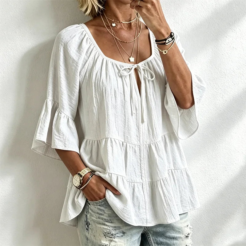 Bluză de Damă Elegantă cu Volane și Șnur la Decolteu, Mâneci Trei Sferturi Tip Clopot, Cămașă Texturată în Stil Boho-Chic, Model Peplum Lejer