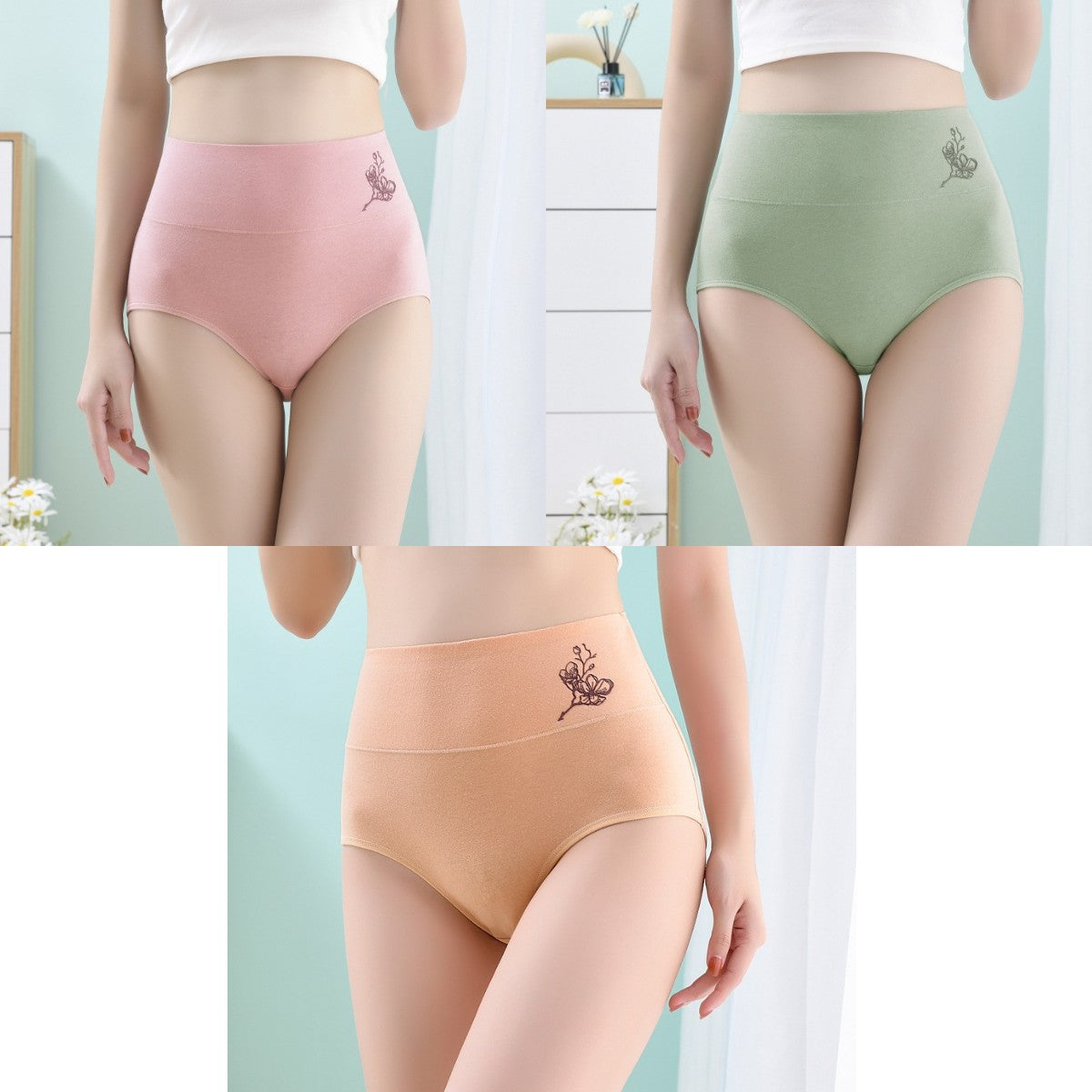💖【Set de 6 bucăți】Chiloți din bumbac pur cu talie înaltă, efect de ridicare a feselor, mărimi mari