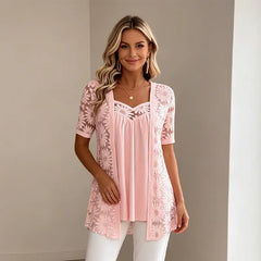 👚 Bluze Elegante Efect 2-în-1 cu Dantelă și Mesh – Design Anti-Burtică pentru Subțiere, 5 Culori, Mărimi S-4XL! 🌸✨