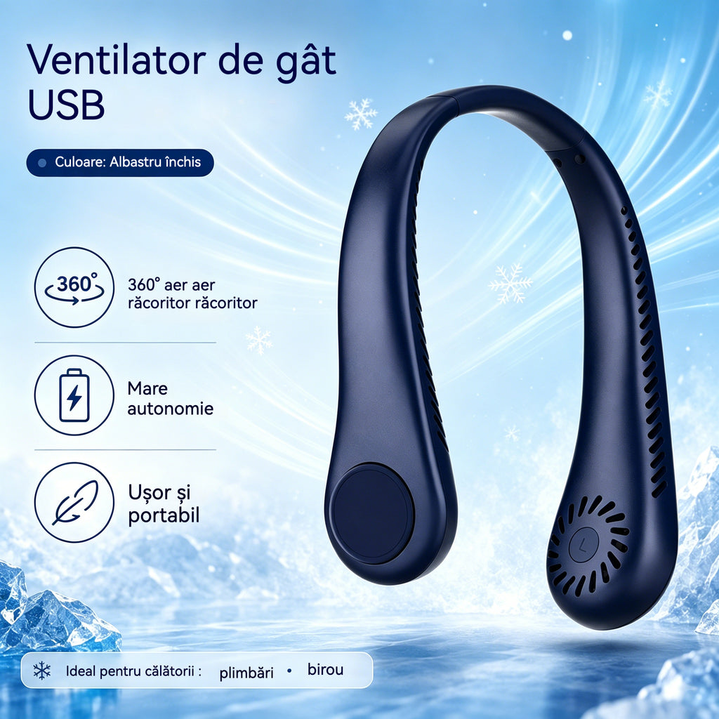 💨 Ventilator Portabil pentru Gât cu Aer Condiționat – Extrem de Silențios, Portabil și Rotativ la 360° – Ideal pentru Vară 🌞