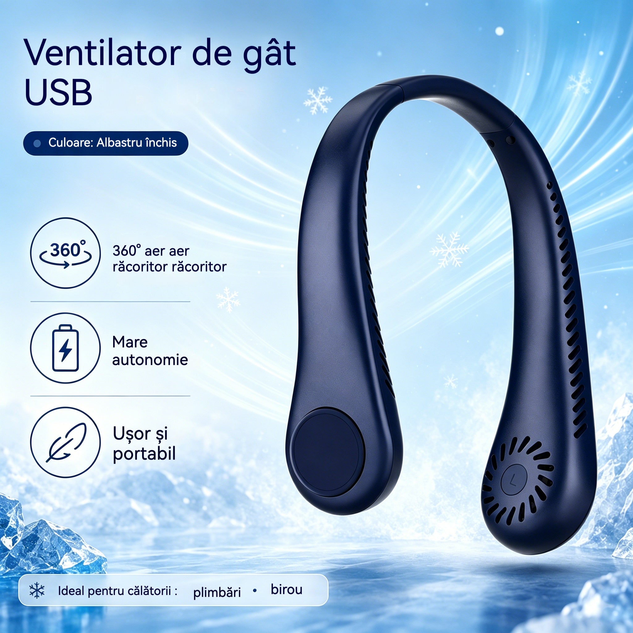 💨 Ventilator Portabil pentru Gât cu Aer Condiționat – Extrem de Silențios, Portabil și Rotativ la 360° – Ideal pentru Vară 🌞