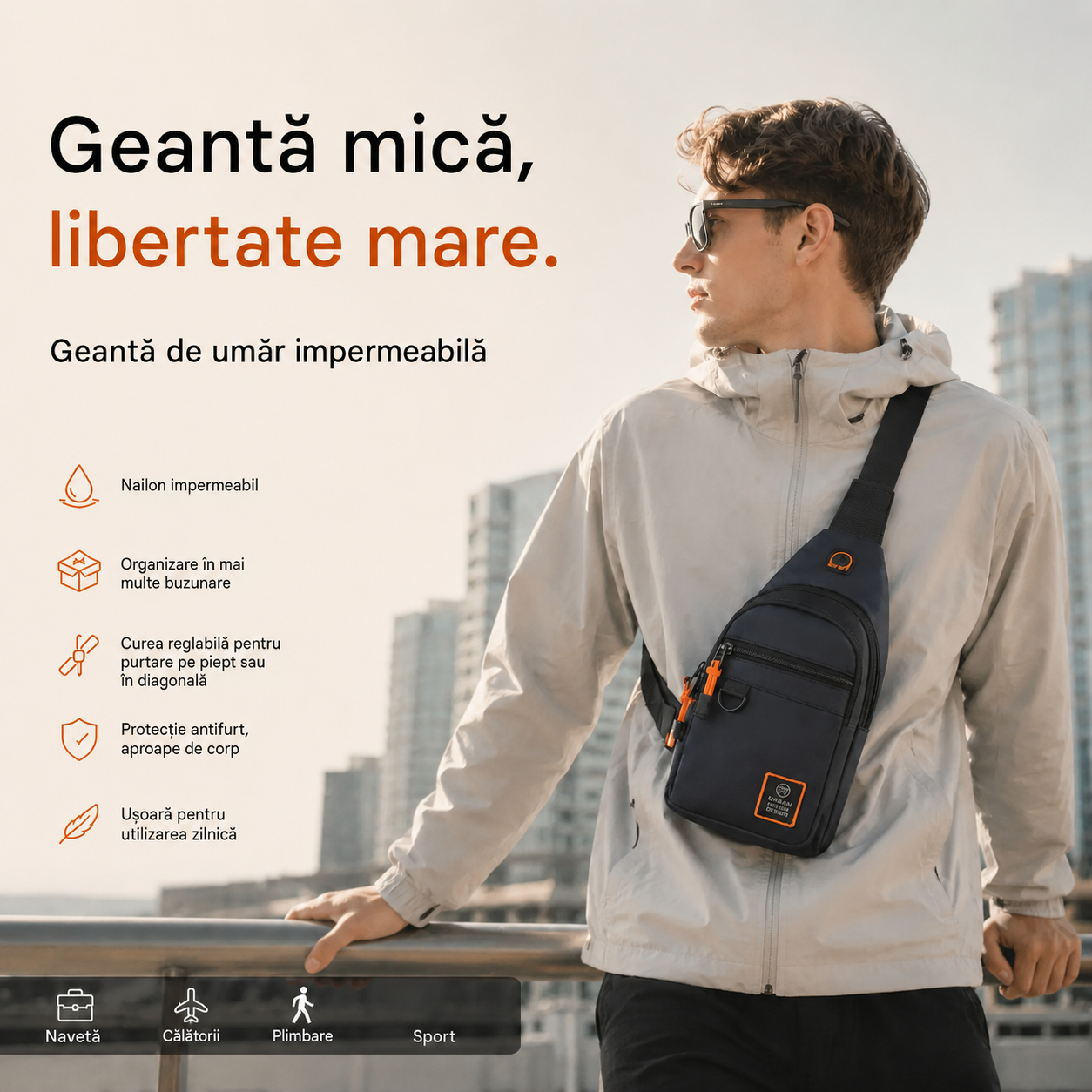 Cumperi 1, primești 1 gratuit 🎒✨ Geantă de umăr impermeabilă cu buzunare multiple – organizare practică, curea reglabilă și orificiu pentru căști