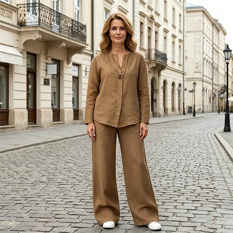 Compleu de Vară Stil Casual-Chic: Material Natural și Design Modern cu Guler în V