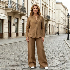 Compleu de Vară Stil Casual-Chic: Material Natural și Design Modern cu Guler în V