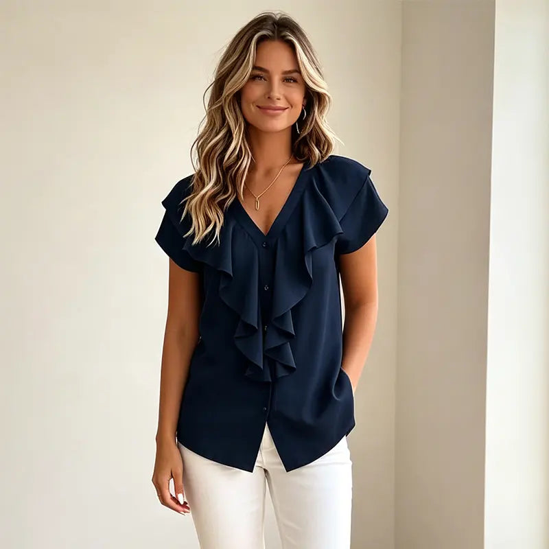 Bluză Elegantă de Vară pentru Femei cu Decolteu în V – Cămașă Lejeră cu Volane și Nasturi, Material Moale, Respirabil și Răcoros
