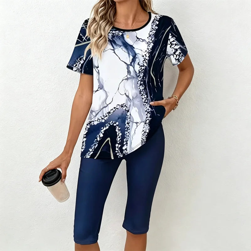 Set Casual de Damă din 2 Piese: Tricou cu Imprimeu Marmură și Pantaloni Capre – Material Moale, Respirabil și Elastic, Stil Lejer de Vară
