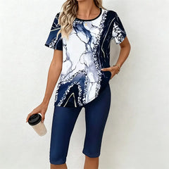 Set Casual de Damă din 2 Piese: Tricou cu Imprimeu Marmură și Pantaloni Capre – Material Moale, Respirabil și Elastic, Stil Lejer de Vară