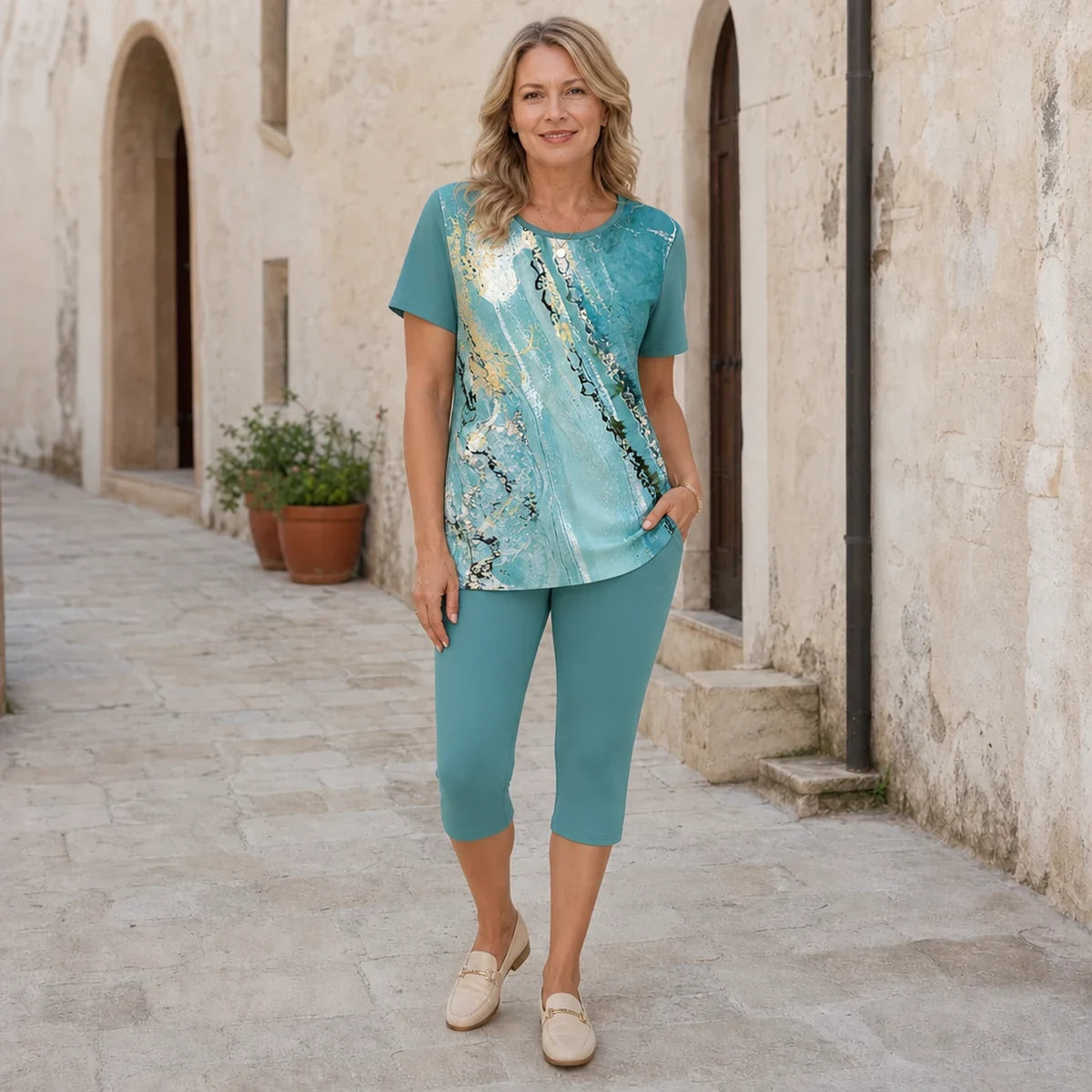 【Set de Vară 2026】Compleu Casual de Damă din 2 Piese – Tricou Lejer cu Imprimeu Modern și Colanți Trei Sferturi (6 Modele, Mărimi S-5XL) ✨