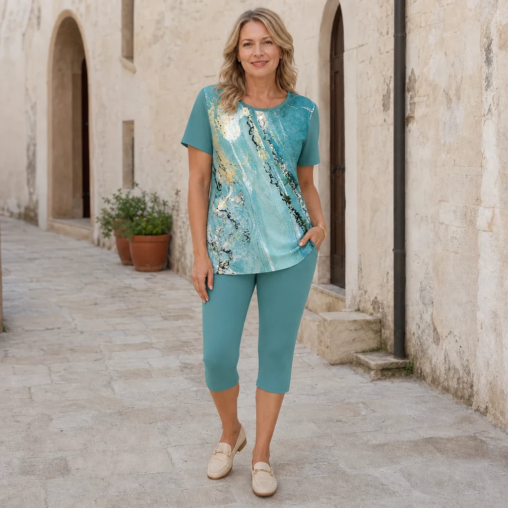 【Set de Vară 2026】Compleu Casual de Damă din 2 Piese – Tricou Lejer cu Imprimeu Modern și Colanți Trei Sferturi (6 Modele, Mărimi S-5XL) ✨