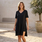 Set de Vară 2 Piese Dama Plus Size, Tricou Lung cu Crăpătură Laterală și Pantaloni Scurți, Material Moale, Elastic și Respirabil