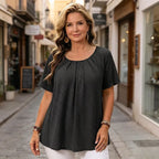Bluză Elegantă de Damă cu Broderie Sparte și Pliuri la Decolteu, Tricou Lejer cu Mânecă Scurtă, Cămașă Texturată în Stil Francez