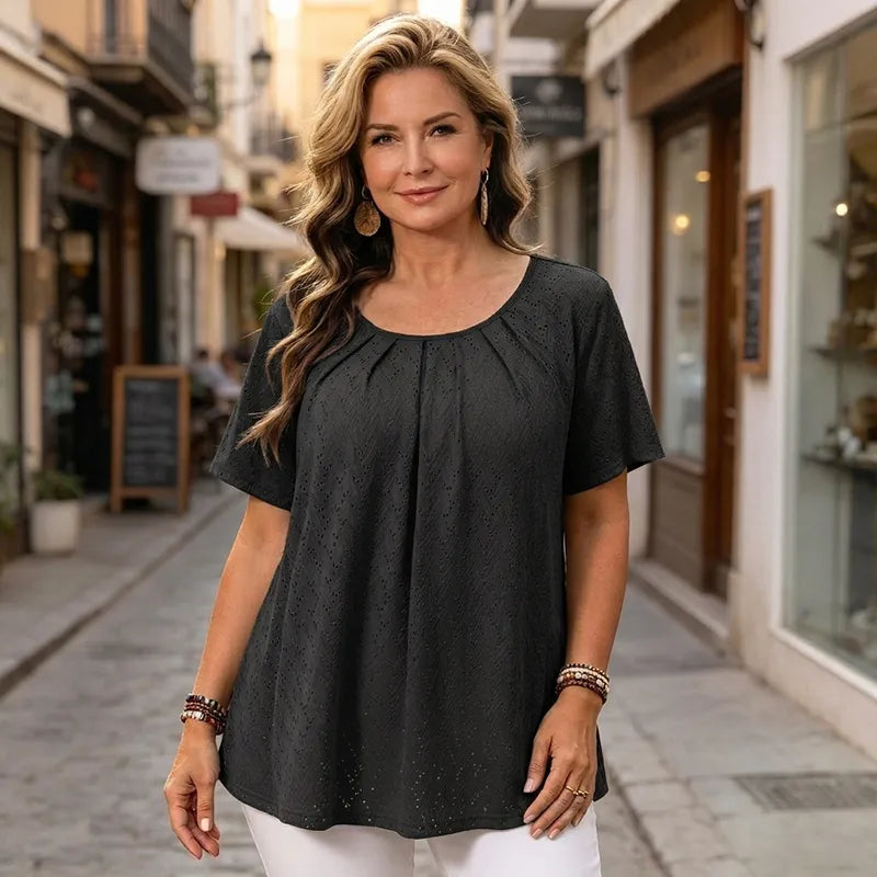 Bluză Elegantă de Damă cu Broderie Sparte și Pliuri la Decolteu, Tricou Lejer cu Mânecă Scurtă, Cămașă Texturată în Stil Francez