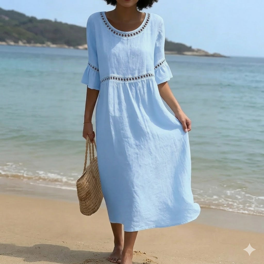 ✨【S–3XL】Rochie damă din bumbac și in, croi lejer, cu decolteu rotund și mâneci bufante, respirabilă și moale, confortabilă la purtare.