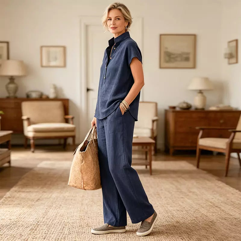 ✨Set de Damă din In și Bumbac – Bluză cu Mânecă Scurtă și Pantaloni Largi, Stil Casual Elegant de Vară