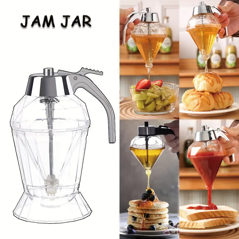 🍯🧉Dispenser de miere și sirop din sticlă cu design Diamond, recipient fără picurare cu suport, perfect pentru miere, sirop de arțar și ulei de măsline, accesoriu elegant pentru bucătărie și cafenea