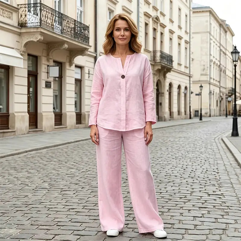 Compleu de Vară Stil Casual-Chic: Material Natural și Design Modern cu Guler în V
