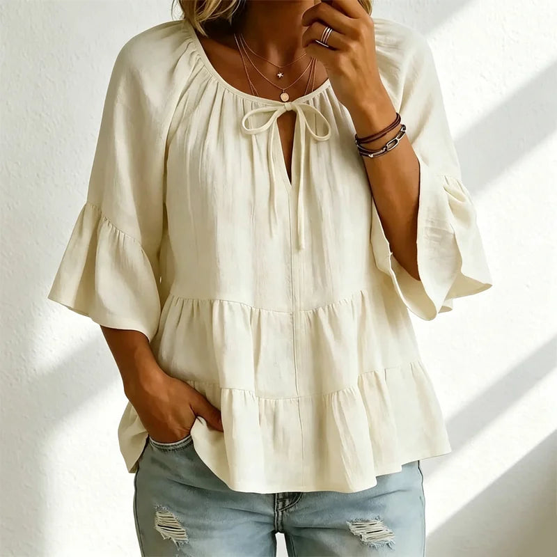 Bluză de Damă Elegantă cu Volane și Șnur la Decolteu, Mâneci Trei Sferturi Tip Clopot, Cămașă Texturată în Stil Boho-Chic, Model Peplum Lejer