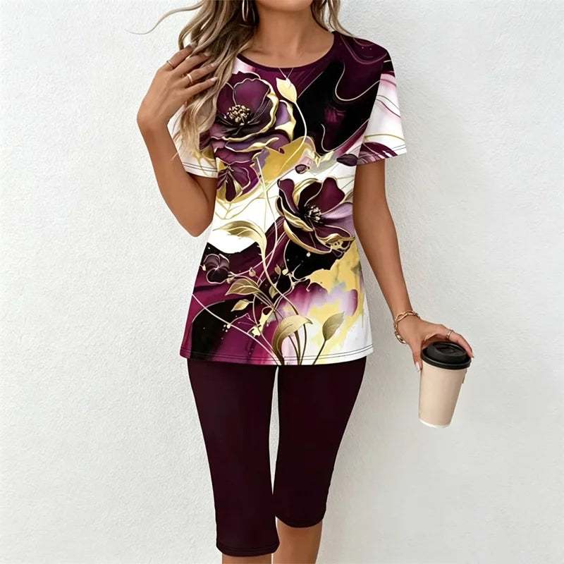 Set Casual de Damă din 2 Piese: Tricou cu Imprimeu Marmură și Pantaloni Capre – Material Moale, Respirabil și Elastic, Stil Lejer de Vară