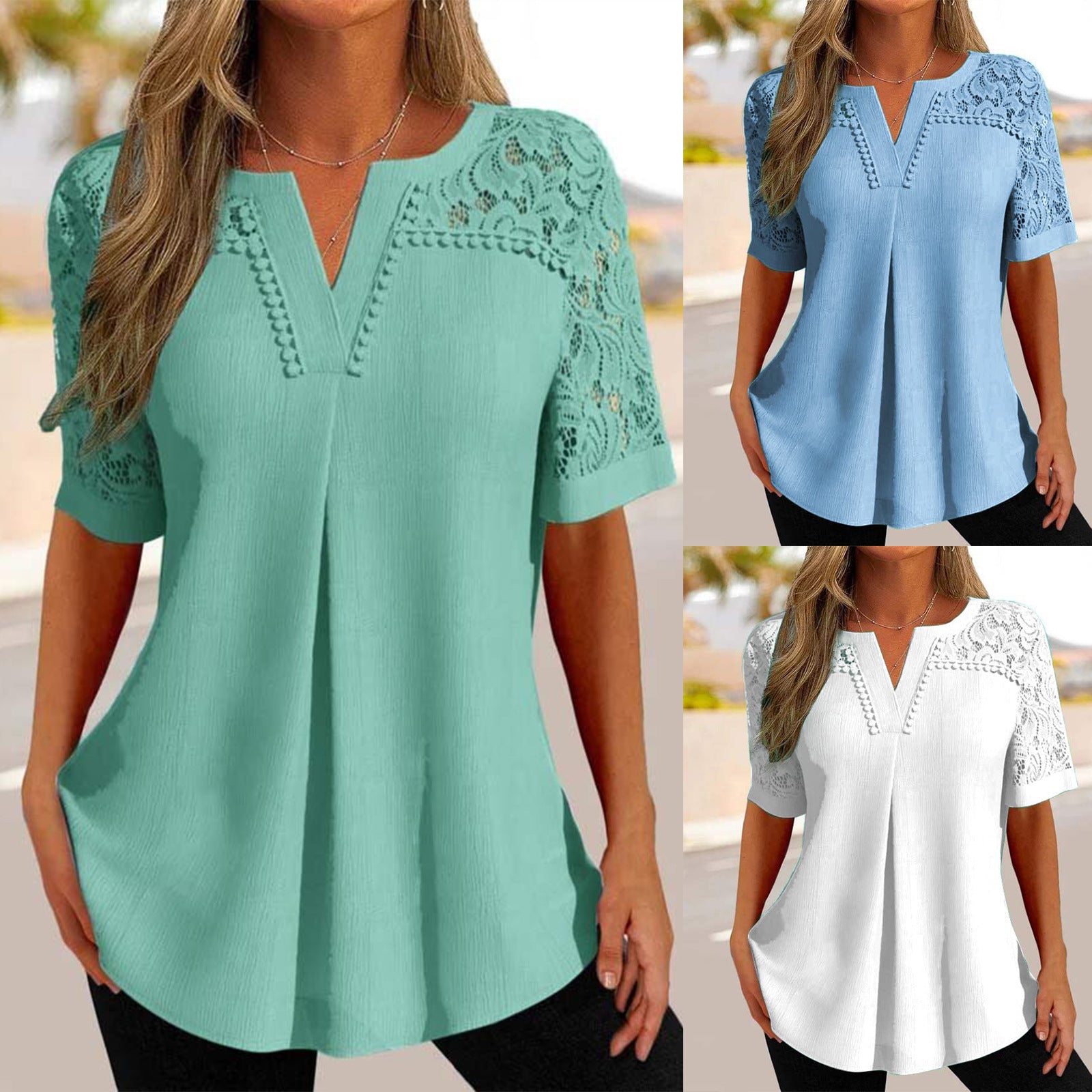 🌼 2026 nou tricou cu mânecă scurtă cu cusături din dantelă