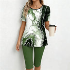 Set Casual de Damă din 2 Piese: Tricou cu Imprimeu Marmură și Pantaloni Capre – Material Moale, Respirabil și Elastic, Stil Lejer de Vară